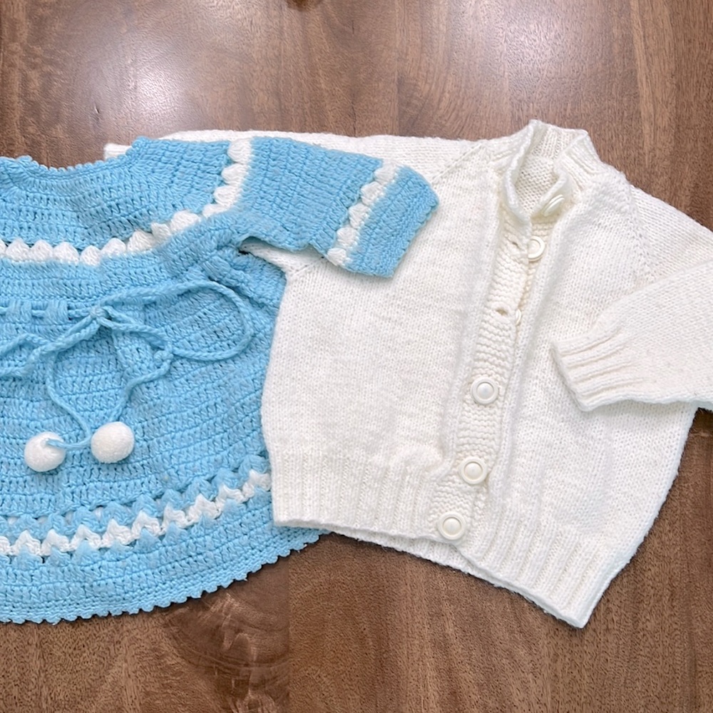 Baby handmade  crochet blue & white dress & white knit chunky button up sweater